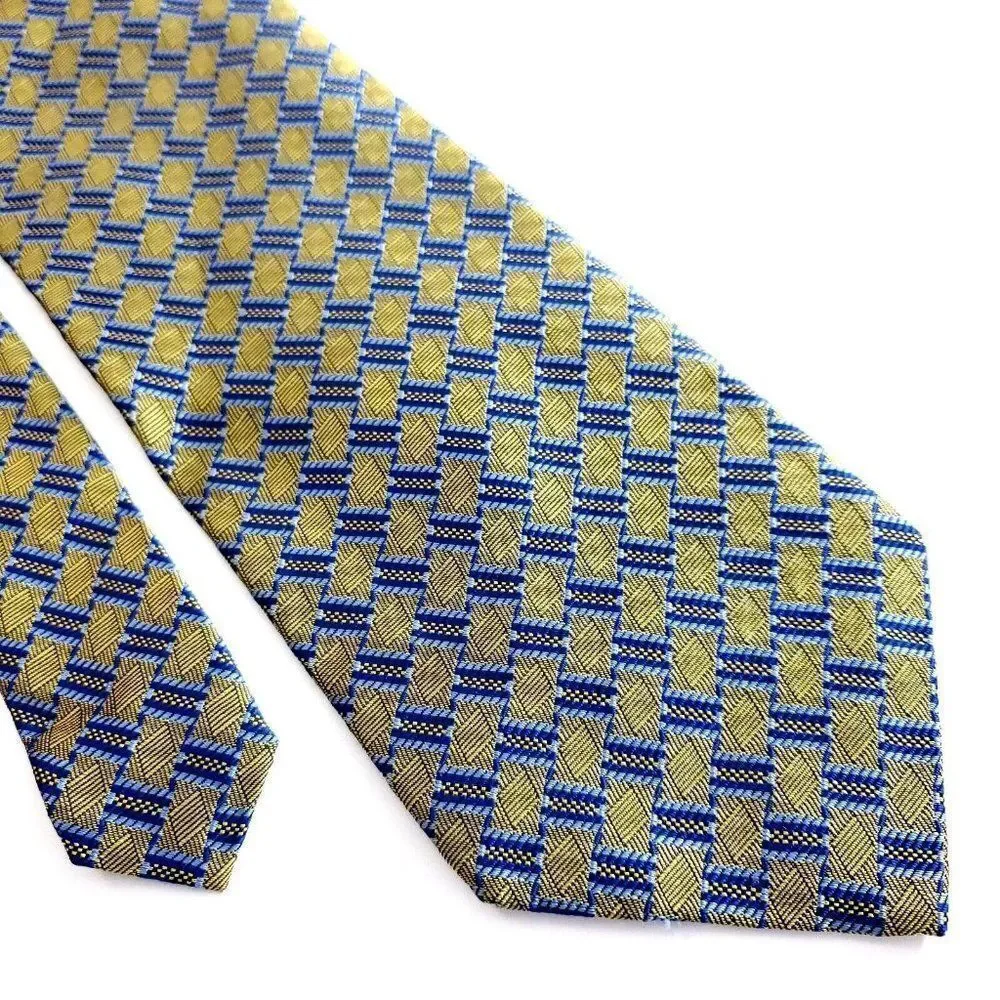 Jos A Bank Blue Yellow Woven Geometric Long‎ Silk Tie